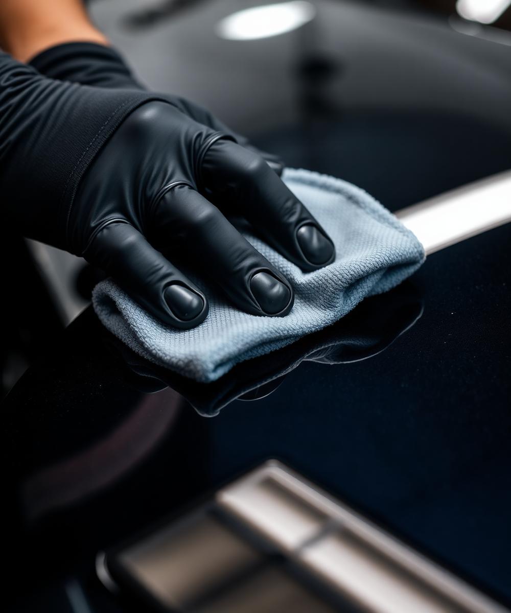Detailer polishing glossy black car hood