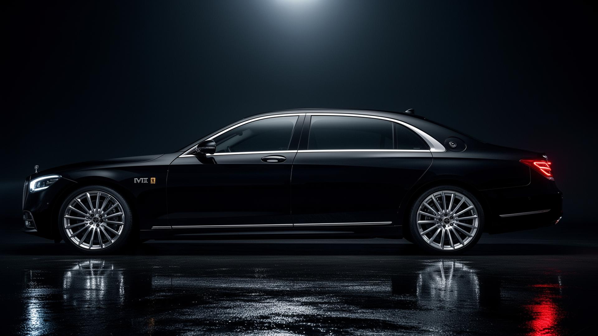 Freshly detailed luxury black sedan with mirror-finish paint at night